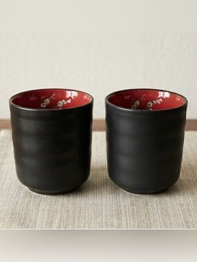 Set of 2 VISUN Sake / Tea Cups Matte Black with Glossy Red & Floral Branches
